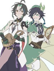 Rule 34 | 2boys, :&lt;, ahoge, arm tattoo, asymmetrical clothes, bead necklace, beads, black hair, blue hair, blush, bow, braid, cape, closed mouth, facial mark, forehead mark, genshin impact, gloves, green eyes, green gloves, green hair, highres, holding, holding instrument, instrument, jewelry, long sleeves, lyre, male focus, multiple boys, music, necklace, pantyhose, playing instrument, poi poifu, side braids, simple background, sweat, tassel, tattoo, venti (genshin impact), white background, xiao (genshin impact), yellow eyes