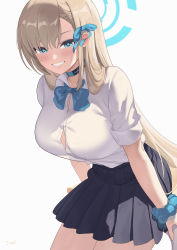Rule 34 | 1girl, absurdres, arms at sides, asuna (blue archive), black skirt, blonde hair, blue archive, blue bow, blue bowtie, blue choker, blue eyes, blush, bow, bowtie, choker, collared shirt, dress shirt, grin, hair bow, halo, highres, leaning forward, long hair, looking at viewer, pleated skirt, scrunchie, shirt, shirt tucked in, simple background, skirt, smile, solo, tomid, very long hair, white background, white shirt, wrist scrunchie