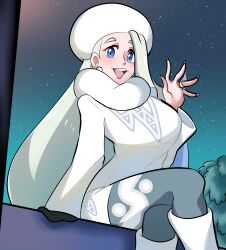 Rule 34 | 1girl, absurdres, arms at sides, blonde hair, blue eyes, breasts, creatures (company), crossed legs, earrings, fur collar, fur hat, game freak, gloves, hand up, hat, highres, jewelry, large breasts, long hair, long sleeves, mature female, melony (pokemon), missandydandy, multicolored hair, nintendo, pantyhose, pantyhose under shorts, pearl earrings, pokemon, pokemon swsh, ring, scarf, shorts, side slit, side slit shorts, single glove, sitting, solo, streaked hair, sweater, ushanka, wedding ring, white scarf, white shorts, white sweater