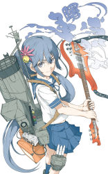 Rule 34 | 10s, 1girl, akebono (kancolle), amplifier, bad id, bad pixiv id, bell, character name, flower, guitar, hair bell, hair flower, hair ornament, highres, instrument, jingle bell, kantai collection, long hair, looking at viewer, ninimo nimo, plectrum, purple eyes, purple hair, ribbon, school uniform, serafuku, side ponytail, simple background, skirt, smile, solo, very long hair, weapon