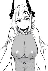 1girl arknights bare_arms bare_shoulders bent_over breasts china_dress chinese_clothes closed_mouth commentary_request covered_erect_nipples cowboy_shot dress female_pubic_hair greyscale highres horns large_breasts looking_at_viewer makigirisu material_growth monochrome mudrock_(arknights) navel oripathy_lesion_(arknights) pointy_ears pubic_hair see-through_clothes see-through_dress sidelocks simple_background sleeveless sleeveless_dress solo white_background