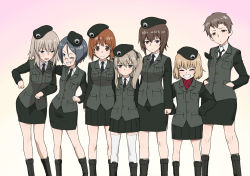 Rule 34 | 10s, 6+girls, adapted costume, arm around shoulder, arms behind back, beret, black footwear, black hat, black jacket, black necktie, black ribbon, black skirt, blonde hair, blue eyes, boots, brown eyes, brown hair, closed eyes, closed mouth, commentary request, dress shirt, emblem, girls und panzer, glasses, grey hair, grin, hair ribbon, hands in pockets, hands on own hips, hat, itsumi erika, jacket, japanese tankery league (emblem), katyusha (girls und panzer), light brown hair, light smile, long hair, long sleeves, looking at another, looking at viewer, military, military hat, military uniform, miniskirt, multiple girls, naomi (girls und panzer), necktie, nishizumi maho, nishizumi miho, one eye closed, open mouth, parted lips, pencil skirt, pleated skirt, red shirt, ribbon, round eyewear, rumi (girls und panzer), selection university military uniform, shimada arisu, shirt, short hair, simple background, skirt, sleeves past wrists, smile, standing, sweatdrop, turtleneck, uniform, very short hair, wata do chinkuru, white background, white shirt