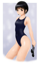 Rule 34 | 1girl, black hair, blue eyes, breasts, commentary request, competition swimsuit, covered navel, goggles, unworn goggles, highleg, highleg swimsuit, highres, holding, holding goggles, looking at viewer, natsu no yudoufu, one-piece swimsuit, original, short hair, small breasts, smile, solo, swimsuit