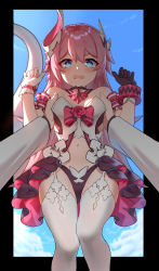 Rule 34 | 1girl, absurdres, blue eyes, breasts, fang, gloves, highres, honkai (series), honkai impact 3rd, horns, lifting person, long hair, looking at viewer, navel, open mouth, panties, pink hair, pov, pov hands, rozaliya olenyeva, single glove, sky, small breasts, solo focus, tail, thighhighs, underwear, white thighhighs