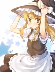 Rule 34 | 1girl, apron, arms up, bad id, bad pixiv id, blonde hair, bow, braid, frills, hair bow, hair ornament, hat, hat ribbon, highres, kirisame marisa, long hair, looking at viewer, puffy sleeves, ribbon, shirt, shnva, short sleeves, side braid, simple background, single braid, skirt, skirt set, solo, star (symbol), starry background, touhou, turtleneck, vest, waist apron, white background, witch hat, yellow eyes
