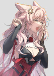 Rule 34 | 1girl, absurdres, animal ears, arknights, breasts, cleavage, closed eyes, commentary request, grey background, gugulayle, hands up, highres, long hair, medium breasts, pink hair, pozyomka (arknights), red skirt, simple background, skirt, solo, upper body, very long hair, wolf ears, yawning