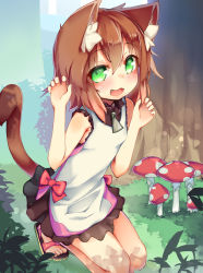 Rule 34 | :3, :d, animal ear fluff, animal ears, blush, bowtie, breasts, brown hair, cat ears, cat girl, cat tail, child, claw pose, crr w9kd, dress, fang, frills, grass, green eyes, hair between eyes, kneeling, mushroom, open mouth, outdoors, red bow, red bowtie, sandals, short hair, sleeveless, sleeveless dress, small breasts, smile, tail, tree