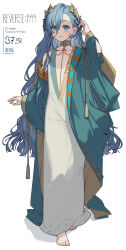 Rule 34 | 1girl, 37 (reverse:1999), absurdres, adjusting hair, artist name, barefoot, blue eyes, blue hair, blue robe, character name, circle, closed mouth, copyright name, curly hair, daliyang, english text, flat chest, full body, gold choker, hair between eyes, hand up, highres, laurel crown, light smile, long hair, looking at viewer, making-of available, plunging neckline, reverse:1999, robe, single bare shoulder, solo, standing, toga, triangle, very long hair, white background, wide sleeves