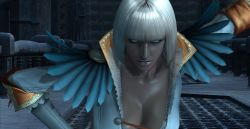 Rule 34 | 1girl, 3d, blue eyes, breasts, cleavage, dark-skinned female, dark skin, devil may cry (series), female focus, gloria (devil may cry), highres, large breasts, solo, standing, trish (devil may cry), white hair