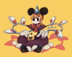 Rule 34 | 184nx, 1girl, bow, crossed legs, cyborg, dress, gloves, hat, mickey mouse ears, mouth hold, orange hair, peacock (skullgirls), short hair, sitting, skullgirls, solo, top hat, wizard hat, yellow background