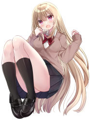 Rule 34 | 1girl, black footwear, black skirt, black socks, blush, bow, breasts, brown sweater, collared shirt, commentary request, dress shirt, fang, full body, hair between eyes, highres, knees up, light brown hair, loafers, long hair, long sleeves, looking at viewer, medium breasts, minami saki, open mouth, original, pleated skirt, red bow, red eyes, school uniform, shirt, shoes, simple background, skirt, sleeves past wrists, socks, solo, sweater, very long hair, white background, white shirt