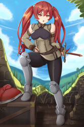 Rule 34 | 1girl, armored boots, boots, castell, detached sleeves, fingerless gloves, fire emblem, fire emblem awakening, gloves, hand on own hip, highres, leg up, looking at viewer, nintendo, open mouth, outdoors, pantyhose, red eyes, red hair, severa (fire emblem), shield, solo, sword, tsundere, twintails, weapon