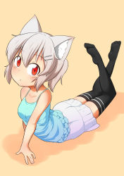 Rule 34 | 1girl, alternate hairstyle, animal ears, bare shoulders, black thighhighs, blue shirt, blush, breasts, collarbone, contemporary, elu butyo, hair ornament, highres, inubashiri momiji, looking at viewer, no tail, ponytail, red eyes, shirt, short hair, silver hair, skirt, solo, tail, thighhighs, touhou, wolf ears, wolf tail