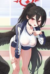 Rule 34 | 1girl, black hair, blue archive, breasts, hand on own thigh, hasumi (blue archive), highres, kadokadokado, large breasts, long hair, looking at viewer, open mouth, ponytail, red eyes, shirt, smile, solo, white shirt, wings