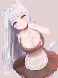 Rule 34 | 1girl, :o, albino, animal ears, apron, bare shoulders, blunt bangs, blush, breasts, cat ears, cat girl, cat tail, choker, cleavage, cowboy shot, dress, eyebrows, finger to cheek, frilled apron, frills, large breasts, leaning to the side, long hair, looking at viewer, original, pink eyes, short dress, silver hair, simple background, sleeveless, solo, standing, tail, twitter username, ushinomiya, waist apron, white apron