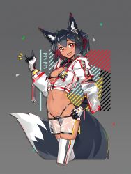 Rule 34 | 1girl, absurdres, animal ear fluff, animal ears, bikini, black bikini, black hair, breasts, cropped jacket, cropped legs, dark-skinned female, dark skin, deel (rkeg), fox ears, fox shadow puppet, fox tail, gloves, grey background, hand on own hip, highres, navel, open mouth, original, red eyes, see-through, short ponytail, shorts, small breasts, solo, swimsuit, tail, thighhighs