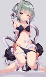 Rule 34 | 1girl, absurdres, bikini, black bikini, blunt bangs, breasts, collarbone, enemy naval mine (kancolle), green hair, hair ribbon, highres, kantai collection, long hair, looking at viewer, official alternate costume, one eye closed, open mouth, ponytail, restrained, ribbon, saliva, small breasts, suggestive fluid, swimsuit, tentacles, uut, white ribbon, yuubari (kancolle), yuubari kai ni (kancolle)