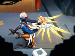 Rule 34 | 1boy, 1girl, artist name, blonde hair, brown pantyhose, clothed sex, grillo fernandez, halo, hetero, jacket, kneeling, leg lock, mechanical halo, mechanical wings, mercy (overwatch), out of character, overwatch, overwatch 1, pantyhose, ponytail, sex, soldier: 76 (overwatch), straddling, suspended congress, upright straddle, visor, white hair, wings