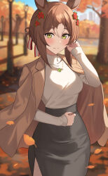 1girl animal_ears autumn autumn_leaves black_skirt blurry blurry_background blush breasts brown_hair brown_jacket clover_hair_ornament commentary_request cowboy_shot fine_motion_(umamusume) four-leaf_clover_necklace fuyutuji hair_between_eyes hair_bun hair_ornament highres horse_ears horse_girl jacket jacket_on_shoulders lamppost leaf long_sleeves looking_at_viewer medium_breasts medium_hair multicolored_hair outdoors single_hair_bun skirt smile solo sweater tree turtleneck turtleneck_sweater umamusume white_hair white_sweater yellow_eyes