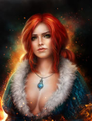 Rule 34 | 1girl, alena ekaterinburg, breasts, cleavage, dress, embers, fur trim, highres, jewelry, lips, necklace, red hair, solo, the witcher (series), the witcher 3, triss merigold, yellow eyes