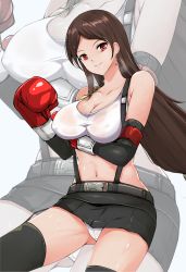 Rule 34 | 1girl, arm under breasts, bare shoulders, boxing gloves, breasts, brown hair, cleavage, collarbone, covered erect nipples, crop top, dripping, earrings, final fantasy, final fantasy vii, highres, jewelry, large breasts, long hair, looking at viewer, miniskirt, navel, nonoririn, panties, panty peek, red eyes, skirt, sparkle, square enix, stomach, strap, sweat, sweaty clothes, thighhighs, tifa lockhart, underwear, wet, wet hair, zettai ryouiki