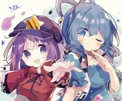 Rule 34 | 2girls, black neckwear, black ribbon, blue dress, blue hair, breasts, cabbie hat, dated, dress, drill hair, drill sidelocks, eyes visible through hair, flower, hagoromo, hair ornament, hair rings, hair stick, hat, jiangshi, kaku seiga, lace-trimmed sleeves, lace trim, medium breasts, medium hair, mina (sio0616), miyako yoshika, multiple girls, ofuda, one eye closed, open mouth, outstretched arms, popped collar, puffy short sleeves, puffy sleeves, purple eyes, purple hair, purple headwear, red shirt, ribbon, shawl, shirt, short hair, short sleeves, sidelocks, smile, star (symbol), touhou, upper body, vest, white vest, wide sleeves, zombie pose