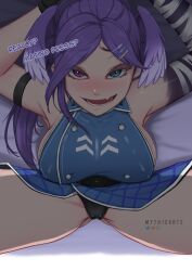 Rule 34 | 1girl, absurdres, asymmetrical arms, bandaged arm, bandages, black panties, blue eyes, blush, breasts, cameltoe, cleft of venus, coat, collared dress, covered erect nipples, dragon girl, dress, english text, hair ornament, hairclip, head wings, heterochromia, highres, large breasts, long hair, looking at viewer, lying, military coat, myth1carts, nijisanji, nijisanji en, official alternate costume, on back, panties, patreon logo, pixiv logo, purple eyes, purple hair, selen tatsuki, selen tatsuki (2nd costume), sideboob, sleeveless, smile, solo, spread legs, twitter logo, underwear, virtual youtuber, wings