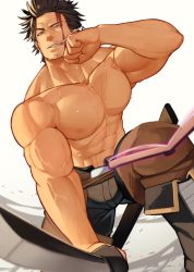 Rule 34 | 1boy, abs, bara, black clover, black hair, black pants, blood, blood on face, facial hair, hidora art, highres, holding, holding weapon, injury, large pectorals, male focus, muscular, muscular male, navel, nipples, pants, pectorals, short hair, solo, sweat, sweatdrop, topless male, weapon, yami sukehiro