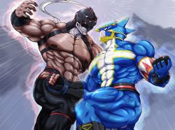 Rule 34 | 2boys, abs, absurdres, bara, belt, biceps, bodysuit, chest belt, cloud, cloudy sky, covered face, dekoi683, feet out of frame, fighting, fighting stance, fingerless gloves, gloves, highres, large pectorals, leather, leather belt, looking at another, male focus, manly, mask, masked, mature male, multiple boys, muscular, muscular male, nipples, original, pants, pectorals, puffy chest, rain, sky, thick arms, thick thighs, thighs, tight clothes, veins, veiny arms, wristband