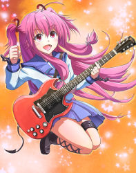 Rule 34 | 10s, 1girl, angel beats!, ankle lace-up, cross-laced footwear, demon tail, electric guitar, fang, guitar, instrument, long hair, pink hair, red eyes, school uniform, serafuku, solo, tail, tazu, twintails, two side up, yui (angel beats!)