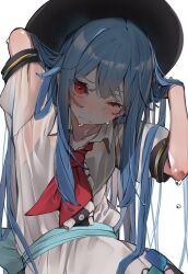 Rule 34 | 1girl, blue hair, hat, hinanawi tenshi, looking at viewer, one eye closed, red eyes, short sleeves, simple background, solo, touhou, tsune (tune)