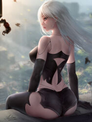 Rule 34 | 1girl, android, ass, axlone, breasts, butt crack, highres, huge ass, kneeling, large breasts, looking at viewer, mole, mole under mouth, nier:automata, nier (series), outdoors, sideboob, sitting, white hair, a2 (nier:automata)