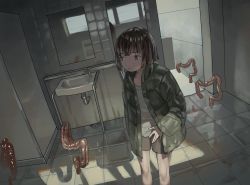 Rule 34 | 1girl, black hair, bob cut, coat, faucet, floating, indoors, intestines, mirror, organs, original, restroom, shadow, shorts, sink, solo, standing, tensen (dotted line), toilet stall, what