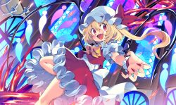 Rule 34 | 1girl, absurdres, ascot, blonde hair, candle, fang, fingernails, flandre scarlet, frilled skirt, frills, hair between eyes, hat, hat ribbon, highres, huge filesize, indoors, iroyopon, laevatein, long fingernails, long hair, looking at viewer, mob cap, nail polish, open mouth, puffy short sleeves, puffy sleeves, red eyes, red nails, red ribbon, red skirt, red vest, ribbon, sharp fingernails, shirt, short sleeves, side ponytail, skirt, skirt set, smile, solo, touhou, vest, white hat, white shirt, window, wings, wrist cuffs, yellow ascot