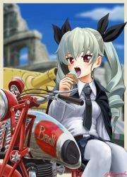 Rule 34 | 10s, 1girl, abazu-red, anchovy (girls und panzer), belt, benelli 500, black necktie, black ribbon, black skirt, blurry, cape, colosseum, day, depth of field, dress shirt, drill hair, eating, food, girls und panzer, green hair, hair ribbon, holding, ice cream, ice cream cone, long hair, long sleeves, looking at viewer, military, military vehicle, miniskirt, motor vehicle, motorcycle, necktie, outdoors, pantyhose, pleated skirt, red eyes, ribbon, rome (city), school uniform, semovente 75/18, shirt, sitting, skirt, solo, tank, twin drills, twintails, twitter username, white pantyhose, white shirt