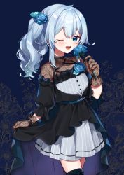 Rule 34 | 1girl, ;d, black dress, black sleeves, black thighhighs, blue background, blue eyes, blue flower, blue rose, blush, brown gloves, commentary request, detached sleeves, dress, floral background, flower, gloves, grey dress, hair between eyes, hair flower, hair ornament, hand up, holding, holding flower, long hair, nijisanji, one eye closed, open mouth, pleated dress, puffy short sleeves, puffy sleeves, rose, see-through, short sleeves, side ponytail, silver hair, smile, solo, striped clothes, striped dress, thighhighs, vertical-striped clothes, vertical-striped dress, virtual youtuber, yamabukiiro, yukishiro mahiro