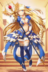 Rule 34 | 1girl, blonde hair, blue eyes, blue footwear, blue skirt, boots, braid, breasts, closed mouth, cobblestone, commentary request, french braid, full body, gem, high heel boots, high heels, holding, holding staff, juliet sleeves, layered skirt, long hair, long sleeves, looking at viewer, medium breasts, midriff, miniskirt, natsuya (kuttuki), navel, one eye closed, puffy sleeves, shrug (clothing), skirt, smile, solo, staff, stairs, stone stairs, thigh boots, thighhighs, venus blade, very long hair
