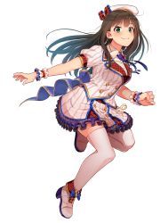 Rule 34 | 1girl, ankle boots, blue necktie, blush, boots, breasts, brown hair, closed mouth, collared shirt, cross-laced footwear, frilled skirt, frills, full body, green eyes, hat, high heel boots, high heels, highres, idolmaster, idolmaster cinderella girls, kamille (vcx68), lace-up boots, large breasts, long hair, looking at viewer, necktie, puffy short sleeves, puffy sleeves, shibuya rin, shirt, short sleeves, skirt, smile, solo, thighhighs, white footwear, white hat, white shirt, white skirt, white thighhighs