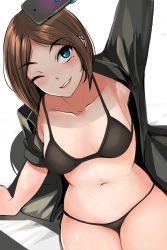 Rule 34 | 1girl, arm support, bad id, bad pixiv id, bikini, black bikini, black shirt, blue eyes, blue nails, blush, breasts, brown hair, cellphone, earclip, highres, holding, holding phone, looking up, medium breasts, mole, mole under eye, nail polish, navel, no pants, nonoririn, one eye closed, open clothes, open shirt, outstretched arm, parted bangs, phone, samsung, samsung sam, selfie, shirt, short hair, sitting, smartphone, solo, swimsuit, taking picture, white background