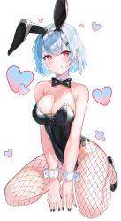Rule 34 | 1girl, :q, absurdres, animal ears, bare arms, bare shoulders, between legs, black leotard, blue hair, bow, bowtie, breasts, cleavage, closed mouth, detached collar, fake animal ears, fishnet pantyhose, fishnets, hairband, heart, heart-shaped pupils, highleg, highleg leotard, highres, large breasts, leotard, looking at viewer, mole, mole on breast, original, pantyhose, playboy bunny, rabbit ears, red eyes, resolution mismatch, seko (sekoko), short hair, smile, solo, source larger, symbol-shaped pupils, tongue, tongue out, wrist cuffs