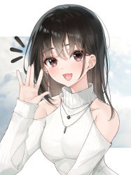 Rule 34 | 1girl, absurdres, black hair, blush, breasts, brown eyes, fang, highres, jewelry, lebring, long hair, long sleeves, looking at viewer, medium breasts, mole, mole under eye, necklace, open mouth, original, skin fang, smile, solo, sweater, turtleneck, turtleneck sweater, waving, white sweater