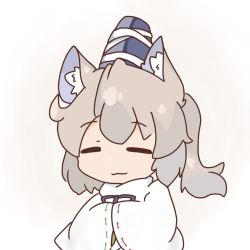 Rule 34 | 1girl, animal ears, closed mouth, facing viewer, grey hair, hands in opposite sleeves, hat, highres, japanese clothes, kariginu, long sleeves, medium hair, mononobe no futo, nomohuto 210, ponytail, ribbon-trimmed sleeves, ribbon trim, simple background, solo, tate eboshi, touhou, upper body, white background, wide sleeves