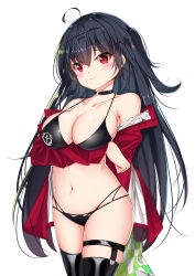 Rule 34 | 1girl, absurdres, ahoge, azur lane, bad id, bad pixiv id, bare shoulders, bikini, black bikini, black choker, black hair, blush, breasts, catnnn, choker, cleavage, collarbone, commentary request, eyewear on head, hair between eyes, highres, jacket, large breasts, long hair, looking at viewer, navel, official alternate costume, race queen, red eyes, red jacket, simple background, solo, swimsuit, taihou (enraptured companion) (azur lane), thighhighs, white background