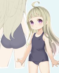 Rule 34 | 1girl, ahoge, ass, blue background, blue one-piece swimsuit, blunt bangs, brown hair, gluteal fold, highres, long hair, m-eine, multiple views, old school swimsuit, one-piece swimsuit, original, pink eyes, school swimsuit, simple background, solo, swimsuit, thighs