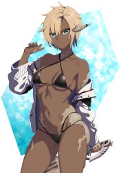 Rule 34 | 1girl, absurdres, au ra, bikini, black bikini, blonde hair, breasts, closed mouth, commission, curio (curiofinity), dark skin, dragon horns, eyebrows hidden by hair, feet out of frame, final fantasy, final fantasy xiv, green eyes, hair between eyes, highres, holding, holding weapon, horns, looking at viewer, nail polish, navel, off-shoulder shirt, off shoulder, scales, shirt, short hair, simple background, skeb commission, small breasts, smile, solo, stomach, swimsuit, tan, warrior of light (ff14), weapon