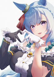Rule 34 | 1girl, animal ears, asymmetrical gloves, asymmetrical sleeves, black gloves, blue hair, bow, braid, breasts, collarbone, commentary request, ear ribbon, gloves, grey background, heart, heart hands, highres, horse ears, horse girl, kitsune yuki, large breasts, long hair, long sleeves, looking at viewer, mejiro ardan (umamusume), mismatched gloves, mismatched sleeves, open mouth, purple eyes, red ribbon, ribbon, short sleeves, simple background, smile, solo, umamusume, upper body, white gloves