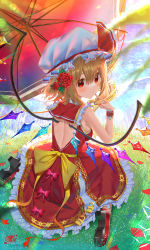 Rule 34 | 1girl, back bow, backless dress, backless outfit, blonde hair, bow, commentary request, crystal, day, dress, dress bow, finger to own chin, flandre scarlet, flower, foaming waves, frilled shirt collar, frills, from behind, full body, gem, grass, hair flower, hair ornament, hat, hat ribbon, highres, jewelry, kiramarukou, lace-trimmed headwear, lace trim, lock, long hair, looking at viewer, looking back, mob cap, ocean, one side up, parasol, petals, red bow, red dress, red eyes, red flower, red footwear, red gemstone, red ribbon, red rose, ribbon, rose, seaside, shoes, signature, sitting, sleeveless, sleeveless dress, solo, touhou, twitter username, umbrella, wariza, water, white hat, wings, wrist cuffs, yellow bow