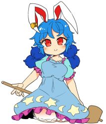 Rule 34 | 1girl, animal ears, blue dress, blue hair, blush, closed mouth, cowboy shot, crescent print, cropped legs, dress, earclip, frilled dress, frills, hair between eyes, ini (inunabe00), kine, long hair, mallet, rabbit ears, red eyes, seiran (touhou), short sleeves, simple background, smile, solo, star (symbol), star print, touhou, white background
