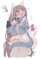 Rule 34 | 1girl, @ @, animal ears, apron, black bow, blue bow, blue eyes, blue jacket, blunt bangs, blush, bow, brown hair, cat ears, cat girl, cat tail, cowboy shot, dress, embarrassed, frilled apron, frilled hairband, frills, gluteal fold, hair bow, hairband, halo, highres, jacket, long hair, long sleeves, maid, maid apron, maid headdress, multiple views, open mouth, original, otintin, ribbon, simple background, skindentation, sleeves past wrists, tail, tearing up, tears, thigh gap, thighhighs, track jacket, track suit, very long hair, white apron, white background, white thighhighs, zettai ryouiki