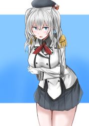 Rule 34 | 1girl, blue eyes, breasts, buttons, commentary request, cowboy shot, epaulettes, frilled sleeves, frills, gloves, grey skirt, highres, jacket, kamaboko senshi, kantai collection, kashima (kancolle), large breasts, leaning forward, long sleeves, looking at viewer, military, military jacket, military uniform, miniskirt, neckerchief, pleated skirt, red neckerchief, sidelocks, silver hair, skirt, solo, tsurime, twintails, uniform, wavy hair, white gloves, white jacket